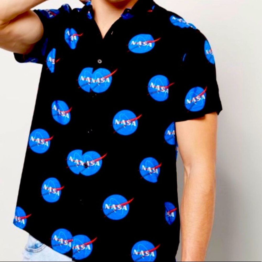 NASA black button up t shirt
